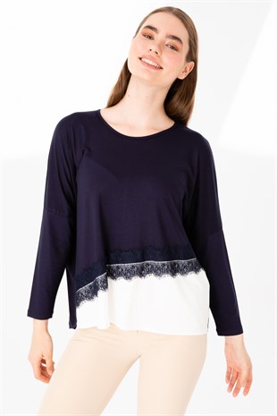 Kadın Sıfır Yaka Uzun Kol Eteği Dantel Parçalı Penye Tunik Lacivert