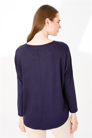 Kadın Sıfır Yaka Uzun Kol Eteği Dantel Parçalı Penye Tunik Lacivert