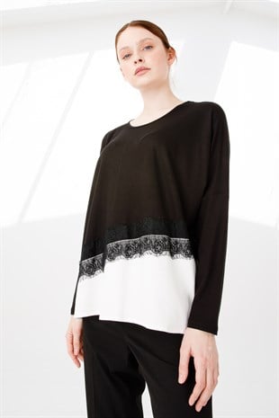 Kadın Sıfır Yaka Uzun Kol Eteği Dantel Parçalı Penye Tunik Siyah