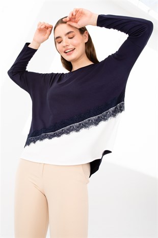 Kadın Sıfır Yaka Uzun Kol Eteği Dantel Parçalı Penye Tunik Lacivert