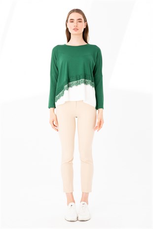 Kadın Sıfır Yaka Uzun Kol Eteği Dantel Parçalı Penye Tunik Nefti