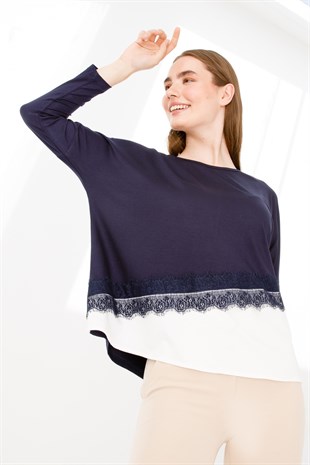 Kadın Sıfır Yaka Uzun Kol Eteği Dantel Parçalı Penye Tunik Lacivert