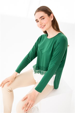 Kadın Sıfır Yaka Uzun Kol Eteği Dantel Parçalı Penye Tunik Nefti