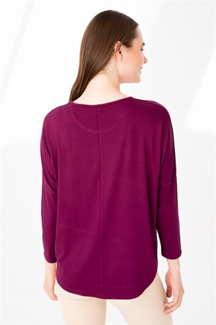 Kadın Sıfır Yaka Uzun Kol Eteği Dantel Parçalı Penye Tunik Mürdüm