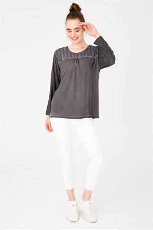 Женская жаккардовая блузка из хлопка с круглым вырезом и длинными рукавами, черная