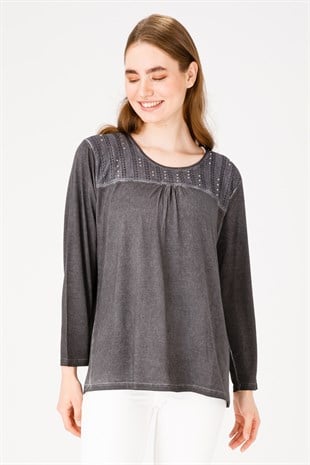 Женская жаккардовая блузка из хлопка с круглым вырезом и длинными рукавами, черная