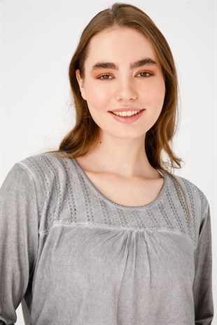 Женская жаккардовая блузка из хлопка с круглым вырезом и длинными рукавами, серая