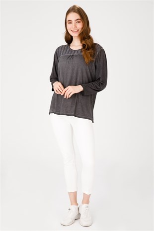 Женская жаккардовая блузка из хлопка с круглым вырезом и длинными рукавами, черная