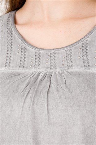 Женская жаккардовая блузка из хлопка с круглым вырезом и длинными рукавами, серая