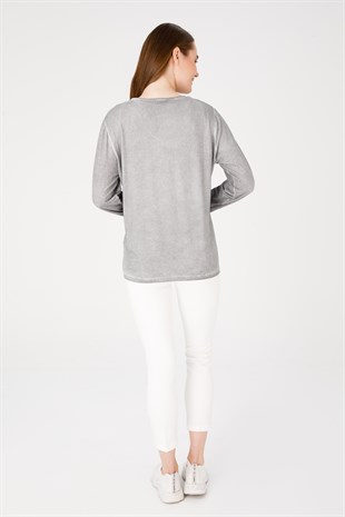 Женская жаккардовая блузка из хлопка с круглым вырезом и длинными рукавами, серая