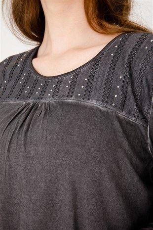 Женская жаккардовая блузка из хлопка с круглым вырезом и длинными рукавами, черная