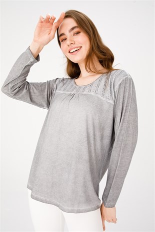 Женская жаккардовая блузка из хлопка с круглым вырезом и длинными рукавами, серая