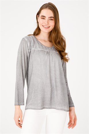 Женская жаккардовая блузка из хлопка с круглым вырезом и длинными рукавами, серая