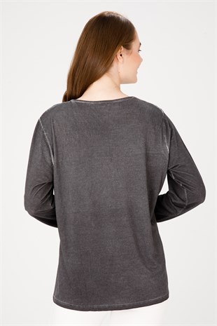 Женская жаккардовая блузка из хлопка с круглым вырезом и длинными рукавами, черная