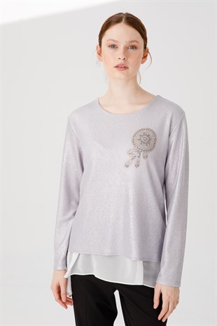 Womens Crew Neck Long Sleeve Chiffon Shiny Fabric Blouse Silver