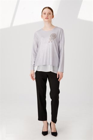 Womens Crew Neck Long Sleeve Chiffon Shiny Fabric Blouse Silver