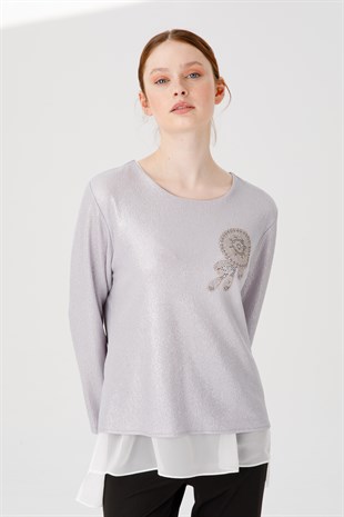 Womens Crew Neck Long Sleeve Chiffon Shiny Fabric Blouse Silver