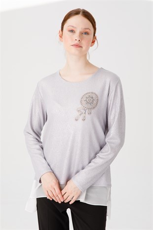 Womens Crew Neck Long Sleeve Chiffon Shiny Fabric Blouse Silver