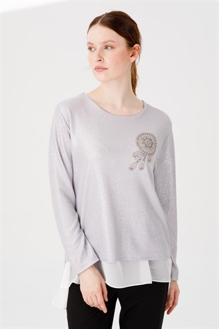 Womens Crew Neck Long Sleeve Chiffon Shiny Fabric Blouse Silver