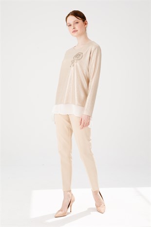 Женская блуза из блестящей шифоновой ткани с круглым вырезом и длинным рукавом цвета золота