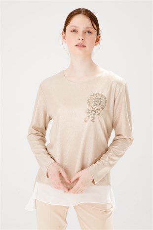 Женская блуза из блестящей шифоновой ткани с круглым вырезом и длинным рукавом цвета золота