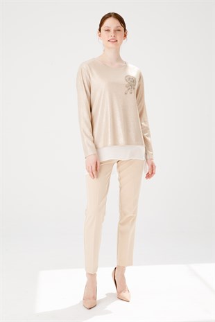 Женская блуза из блестящей шифоновой ткани с круглым вырезом и длинным рукавом цвета золота