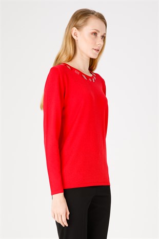Kadın Sıfır Yaka Uzun Kol Yakası Taşlı Triko Bluz Kırmızı