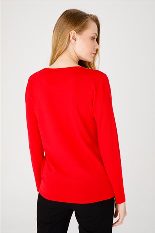 Kadın Sıfır Yaka Uzun Kol Yakası Taşlı Triko Bluz Kırmızı