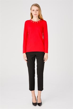 Kadın Sıfır Yaka Uzun Kol Yakası Taşlı Triko Bluz Kırmızı