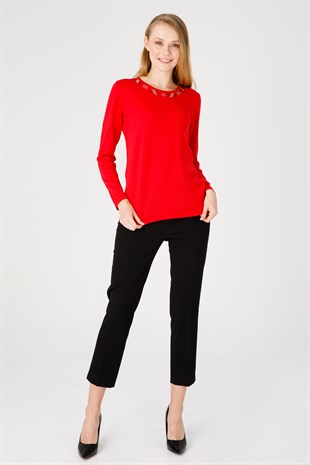 Kadın Sıfır Yaka Uzun Kol Yakası Taşlı Triko Bluz Kırmızı