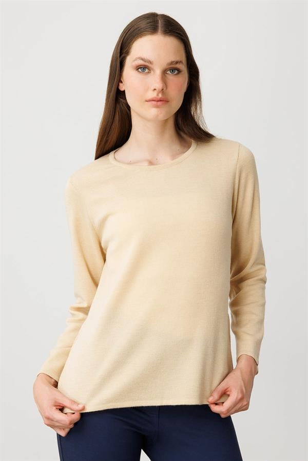 Kadın Sıfır Yaka Uzun Kollu Basic Yün Bluz O.Bej