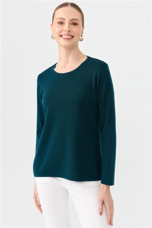 Kadın Sıfır Yaka Uzun Kollu Basic Yün Bluz Petrol