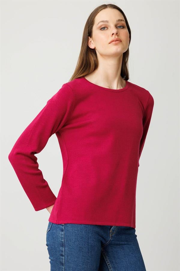 Kadın Sıfır Yaka Uzun Kollu Basic Yün Bluz Sıklamen