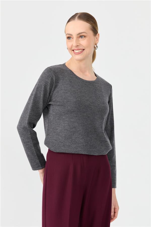 Kadın Sıfır Yaka Uzun Kollu Basic Yün Bluz A.Füme
