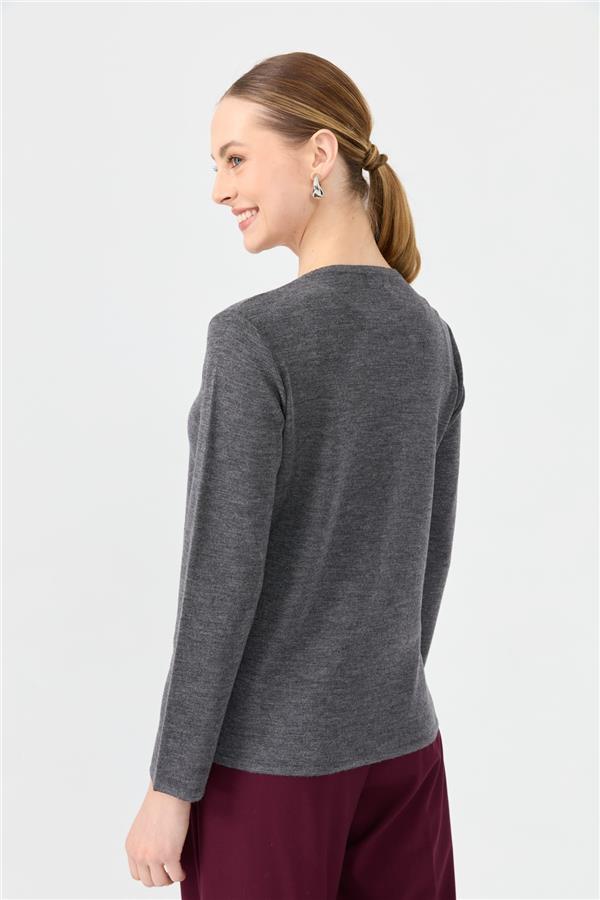 Kadın Sıfır Yaka Uzun Kollu Basic Yün Bluz A.Füme