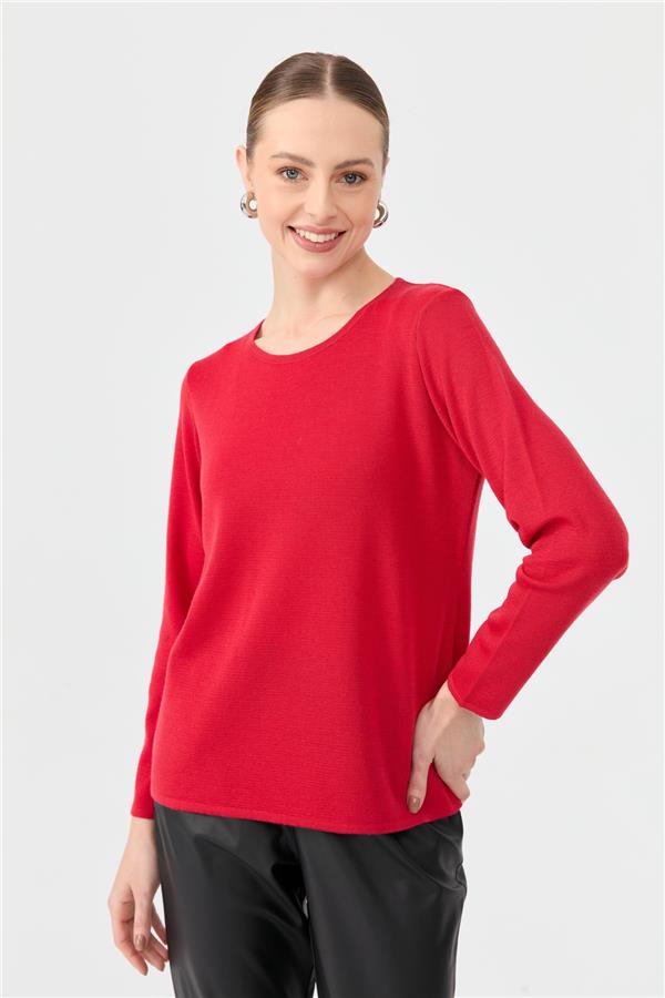 Kadın Sıfır Yaka Uzun Kollu Basic Yün Bluz A.Kırmızı