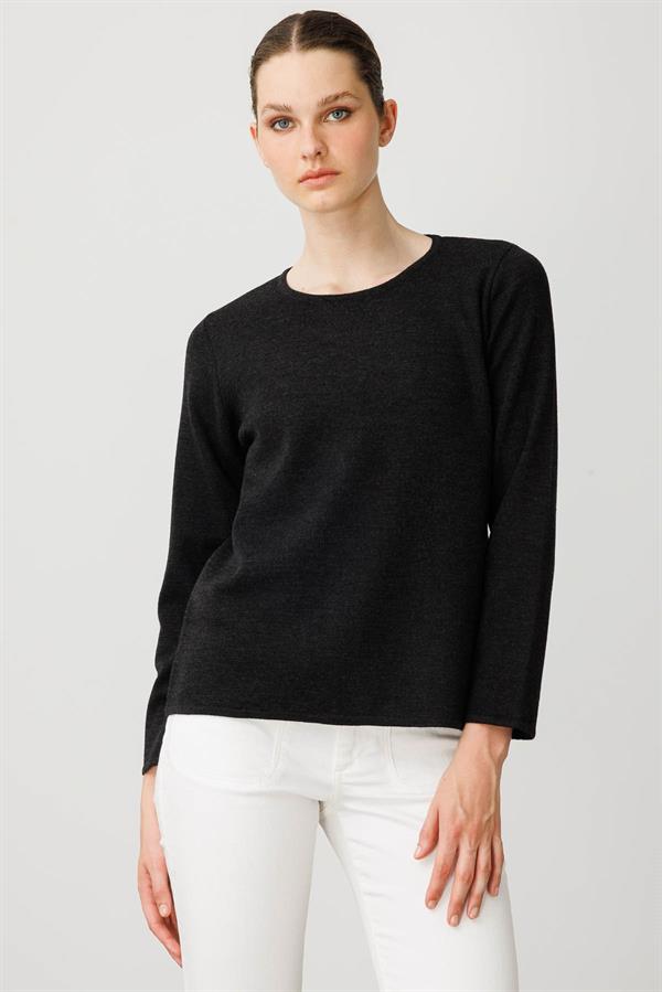 Kadın Sıfır Yaka Uzun Kollu Basic Yün Bluz K.Füme