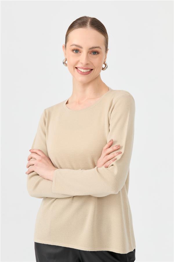 Kadın Sıfır Yaka Uzun Kollu Basic Yün Bluz M.Bej