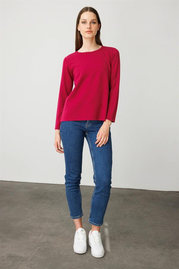 Kadın Sıfır Yaka Uzun Kollu Basic Yün Bluz Sıklamen