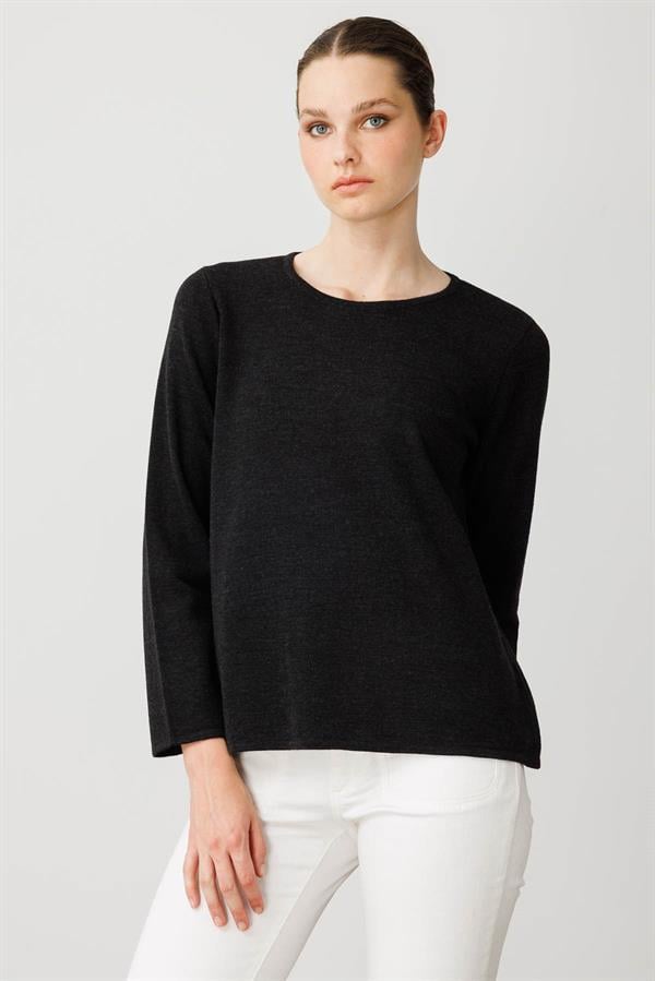 Kadın Sıfır Yaka Uzun Kollu Basic Yün Bluz K.Füme