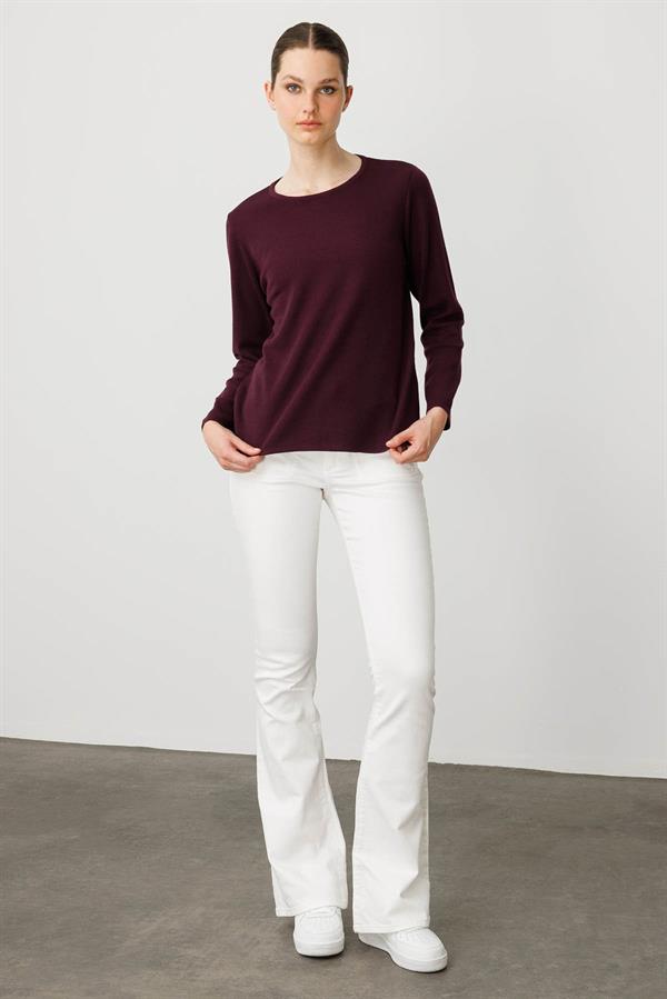 Kadın Sıfır Yaka Uzun Kollu Basic Yün Bluz K. Mürdüm