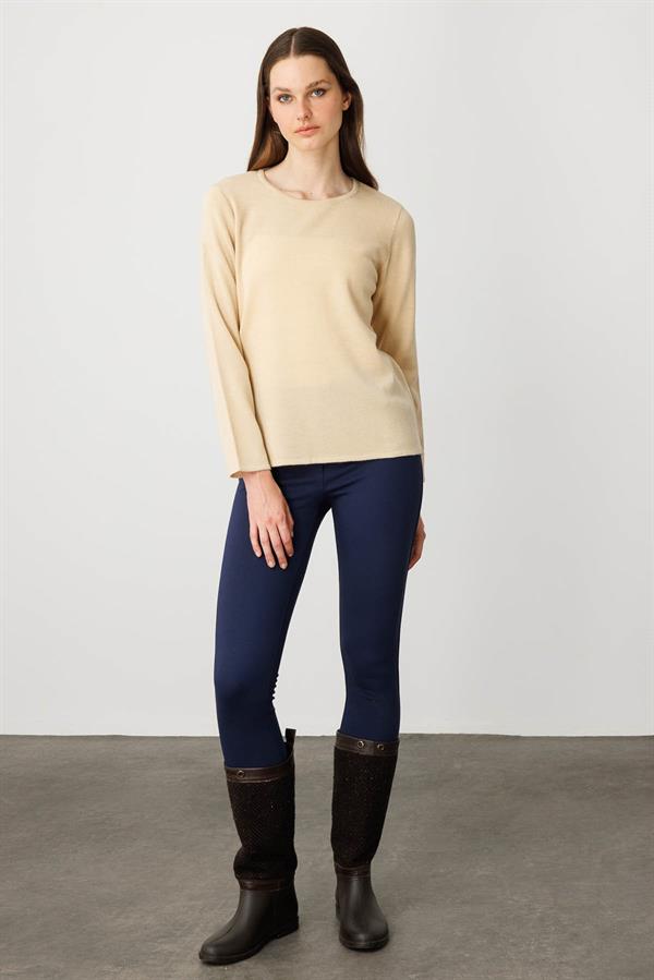 Kadın Sıfır Yaka Uzun Kollu Basic Yün Bluz O.Bej