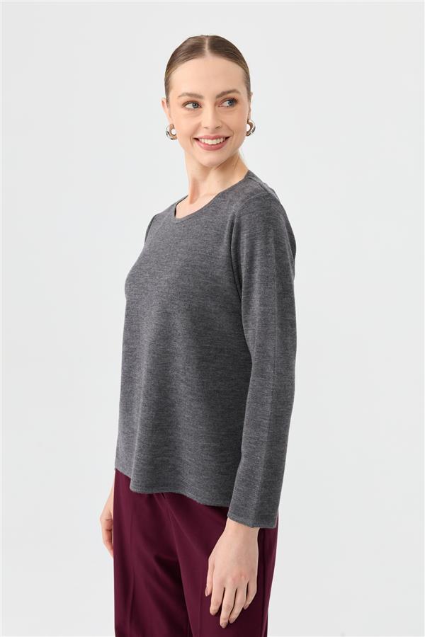 Kadın Sıfır Yaka Uzun Kollu Basic Yün Bluz A.Füme