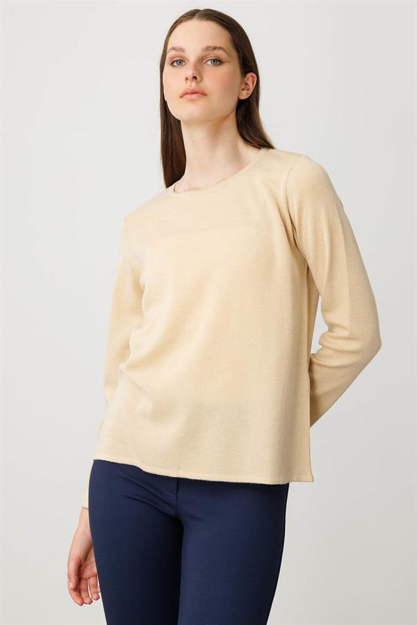 Kadın Sıfır Yaka Uzun Kollu Basic Yün Bluz O.Bej