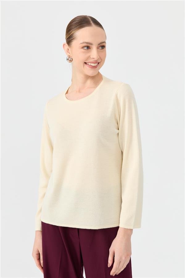 Kadın Sıfır Yaka Uzun Kollu Basic Yün Bluz Kemik