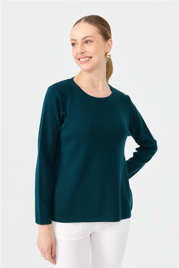 Kadın Sıfır Yaka Uzun Kollu Basic Yün Bluz Petrol