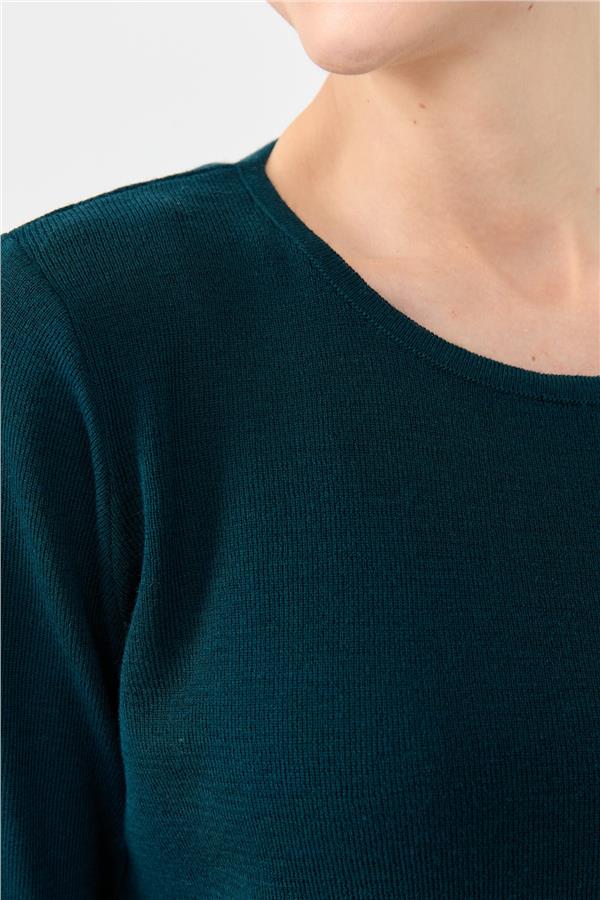 Kadın Sıfır Yaka Uzun Kollu Basic Yün Bluz Petrol