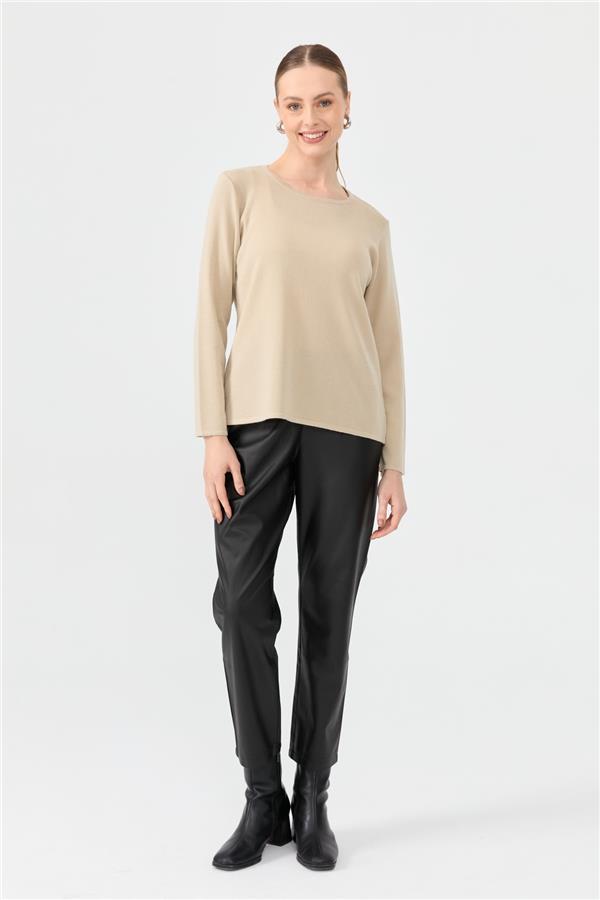 Kadın Sıfır Yaka Uzun Kollu Basic Yün Bluz M.Bej