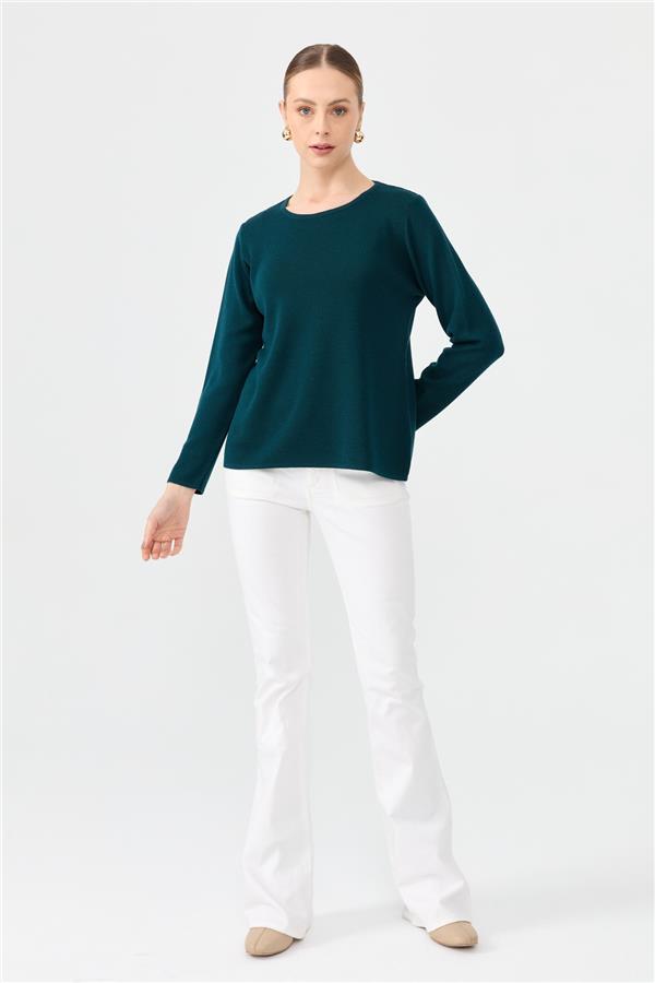 Kadın Sıfır Yaka Uzun Kollu Basic Yün Bluz Petrol