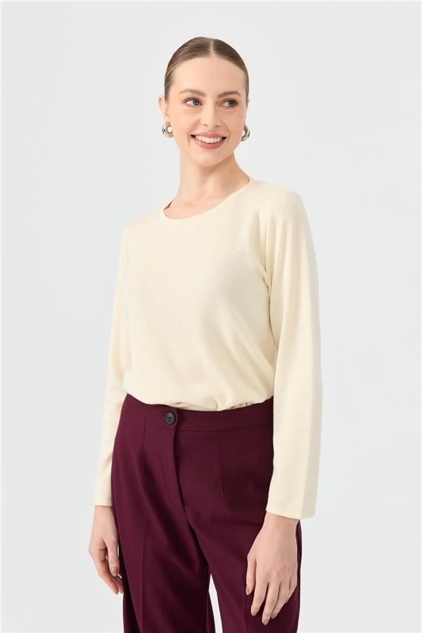 Kadın Sıfır Yaka Uzun Kollu Basic Yün Bluz Kemik